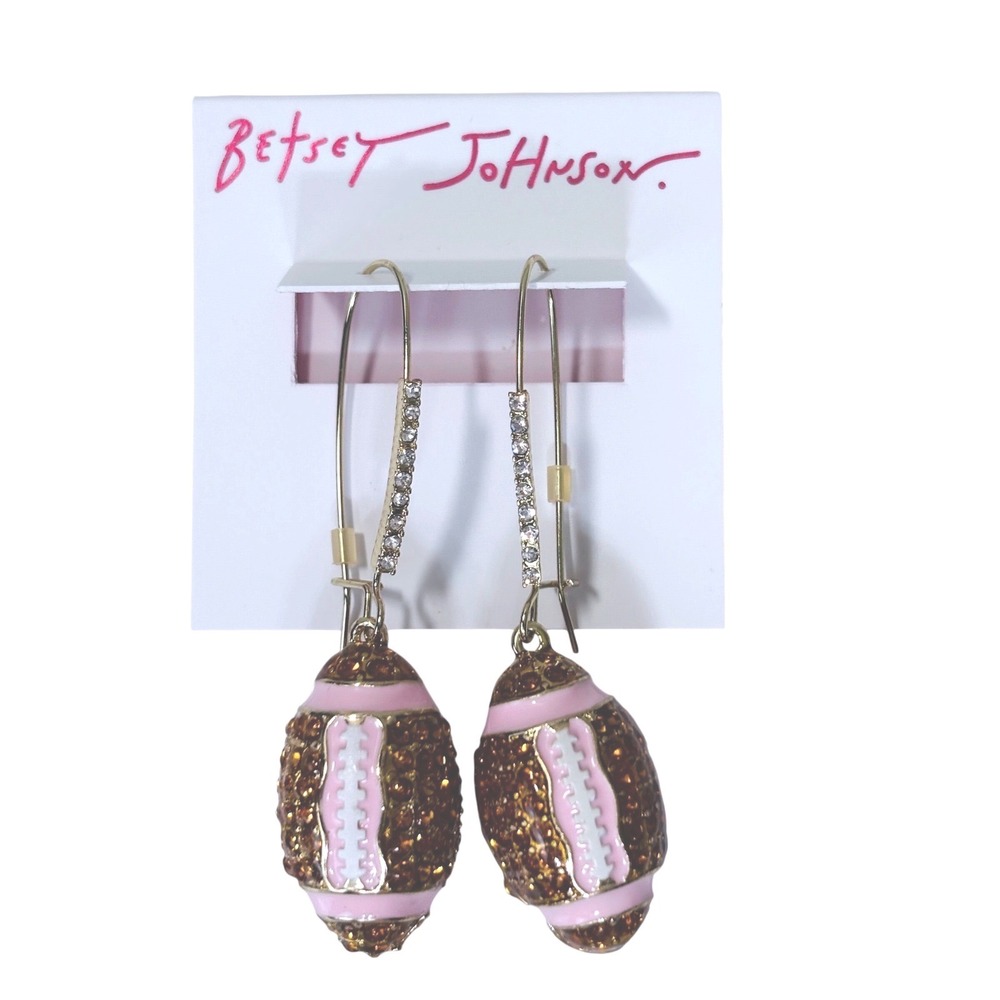 Betsey Johnson Pink Brown Pave Crystal Embellished Enamel Football Drop Earrings